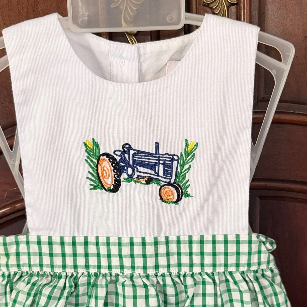The Smocking Place Tractor Bubble Romper 6M Green Gingham Boys 100% Cotton